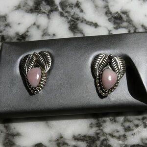 Sterling Silver Leaf & Pink Opal Post Earrings